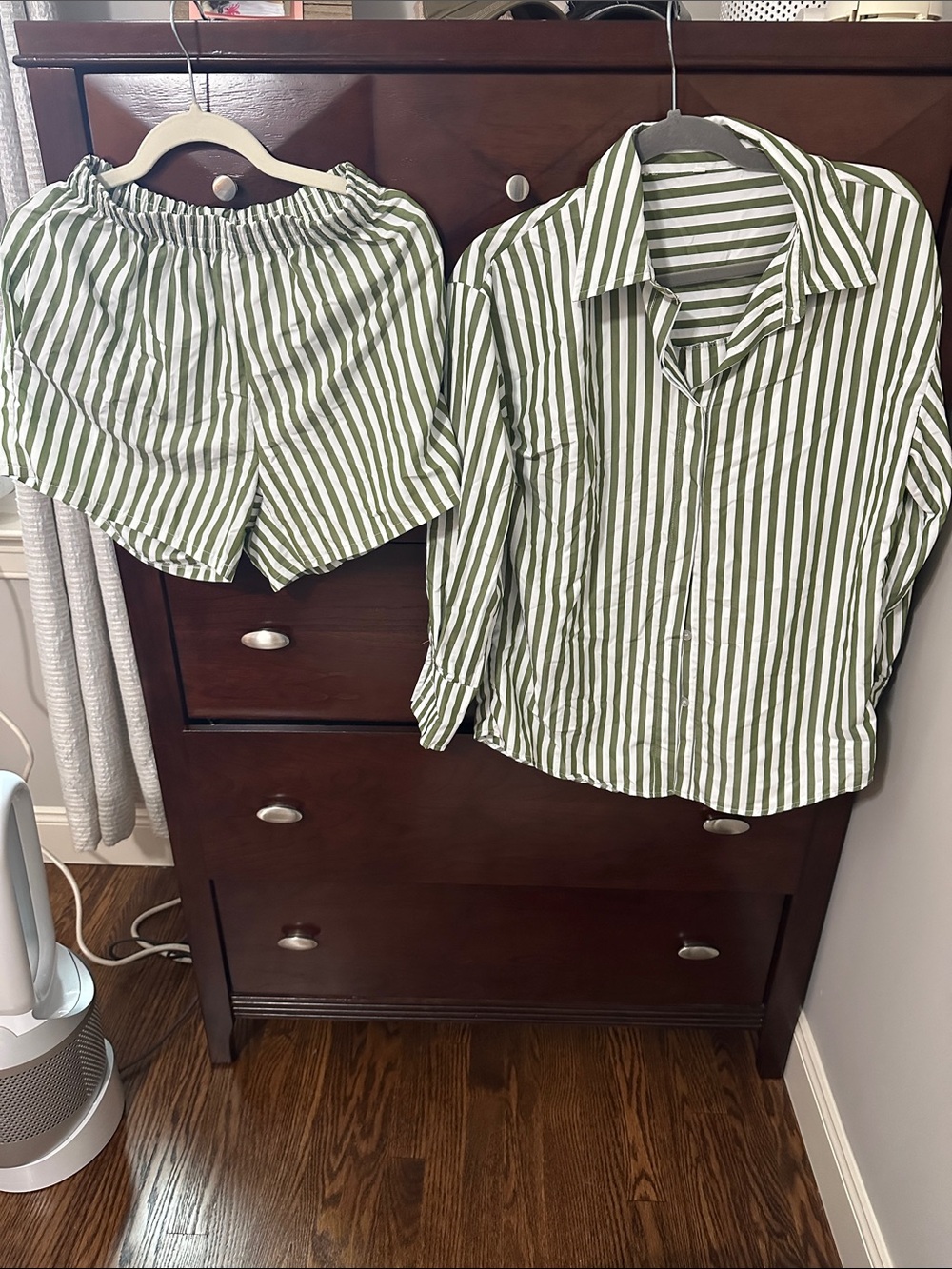 Green & White Striped Shirt and Shorts Set